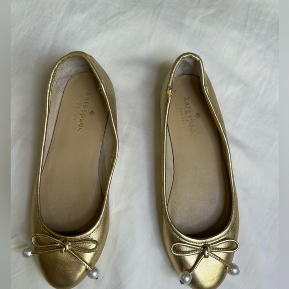 Kate Spade Gold Flats with Bow and Pearl Detail
